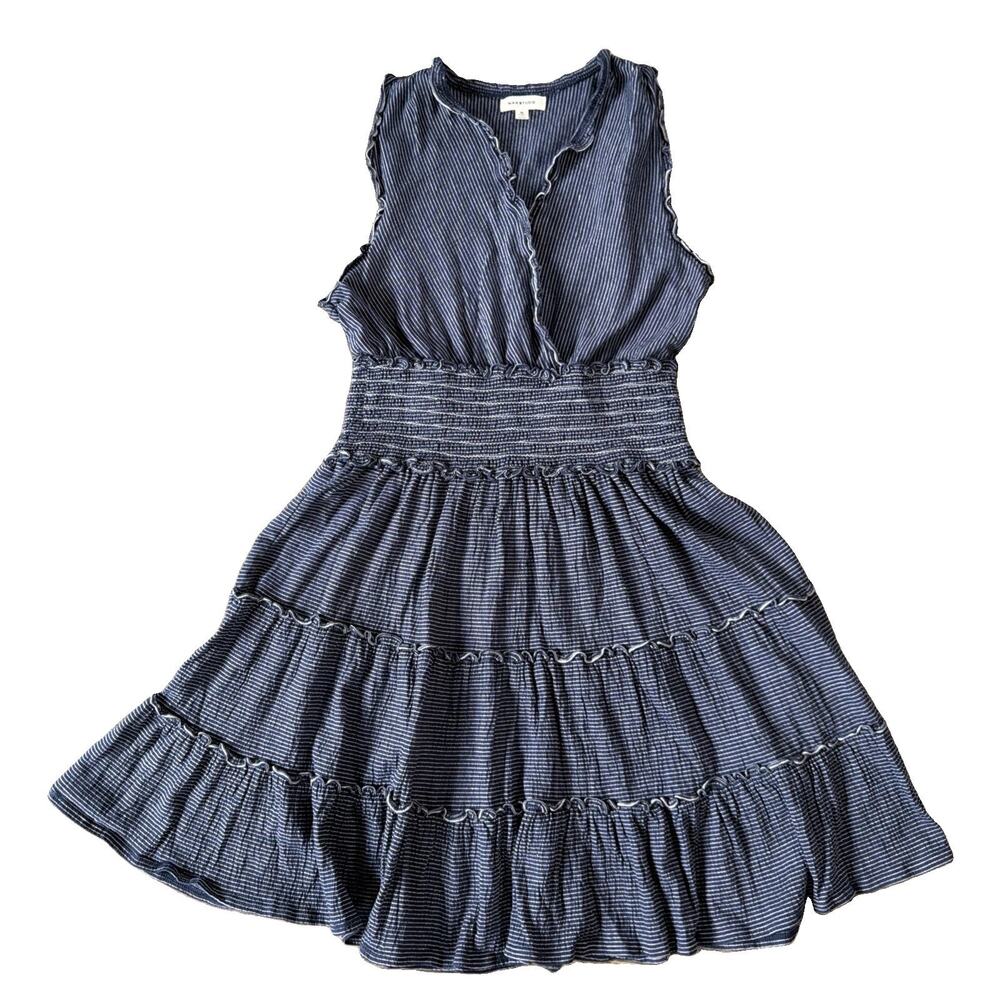 Max Studio Sz M Navy Pinstripe Tiered Dress Smocked Waist Boho Romantic Ruffle - Picture 2 of 10